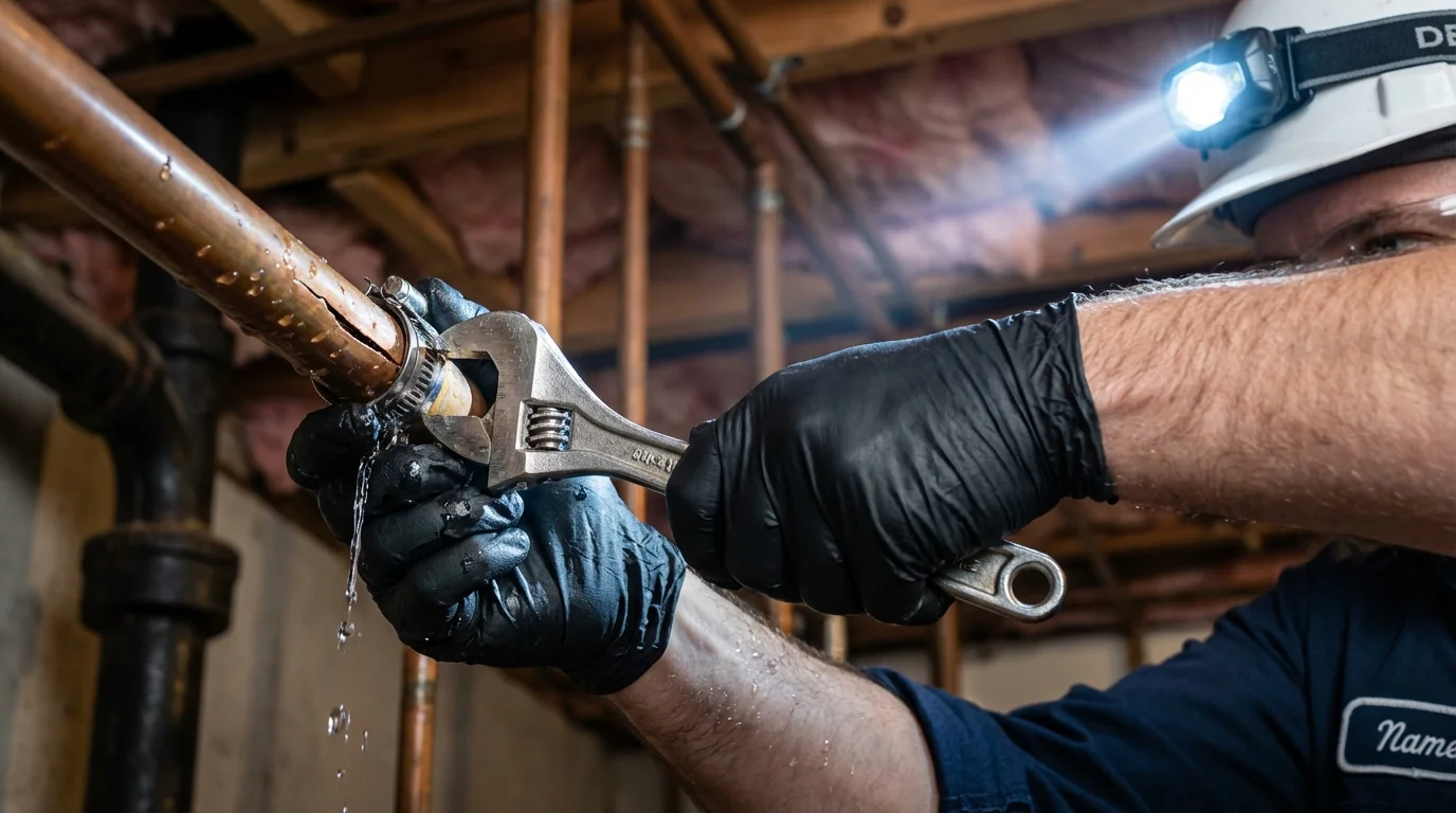 Emergency pipe clamp repair being performed by a Johns Plumbing LLC plumber in Thayer