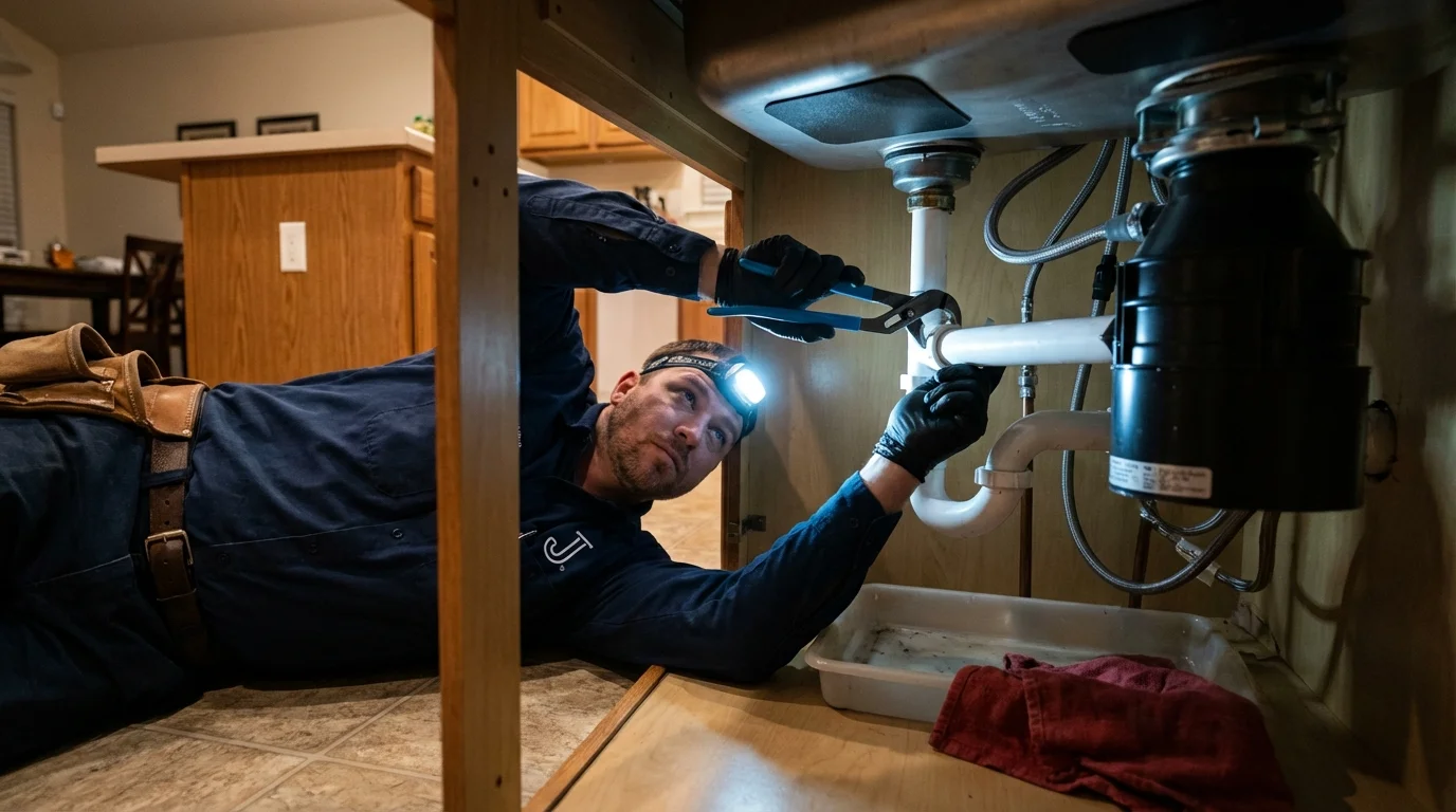 P-trap and supply line connections under a kitchen sink showing a common leak point in Thayer, MO